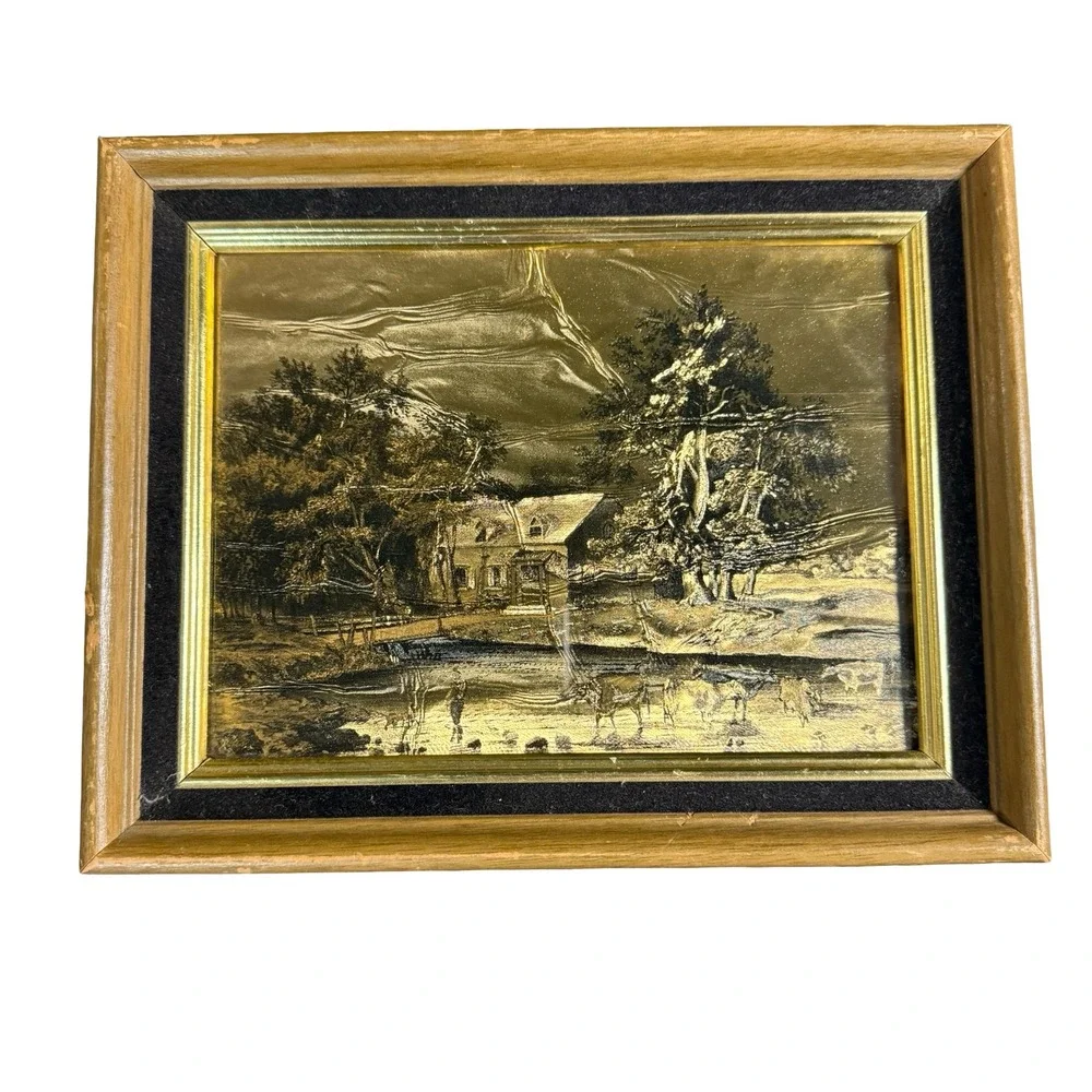 Vintage Currier & Ives Gold Foil Etched Art Farmhouse Landscape Wood Frame 6x8